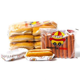 Pack Starter Manhattan Hot Dog composé de 24 hotdogs, 2 sachets de 12 pains, 1 poche de 24 saucisses