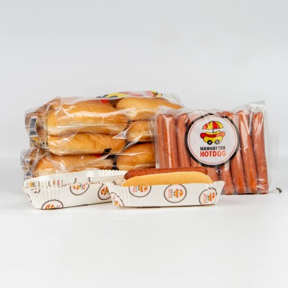 Pack Starter Manhattan Hot Dog composé de 24 hotdogs, 2 sachets de 12 pains, 1 poche de 24 saucisses